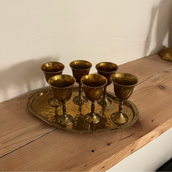 Vintage Mini Brass Goblet Set x6 with Tray - Picture 5 of 6